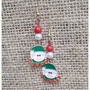 Christmas Elf Pierced Earrings Enamel Gold tone Dangle 2 1/2" New